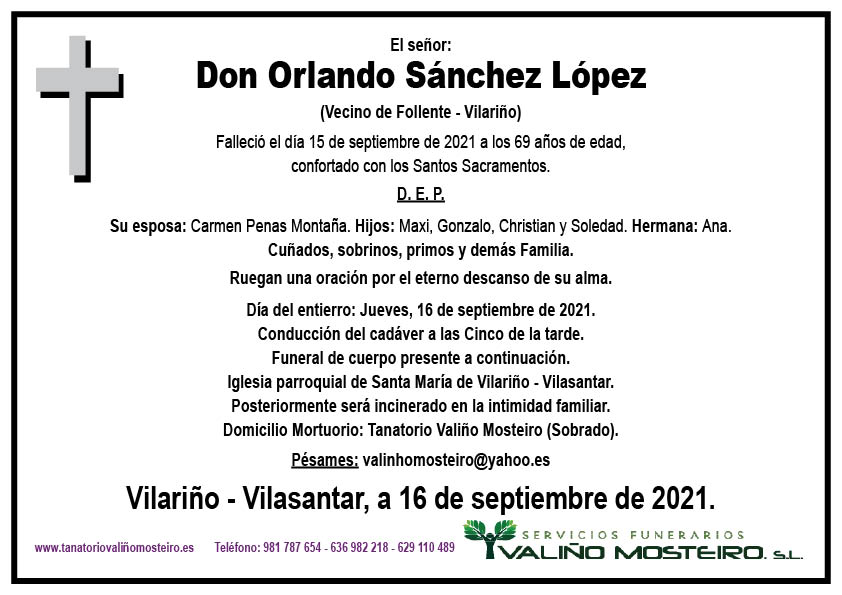 Esquela de Orlando Sánchez López.